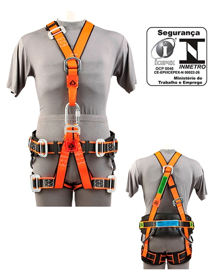 Cinturão de segurança tipo paraquedista com abdominal e cadeirinha para acesso por corda (Y).