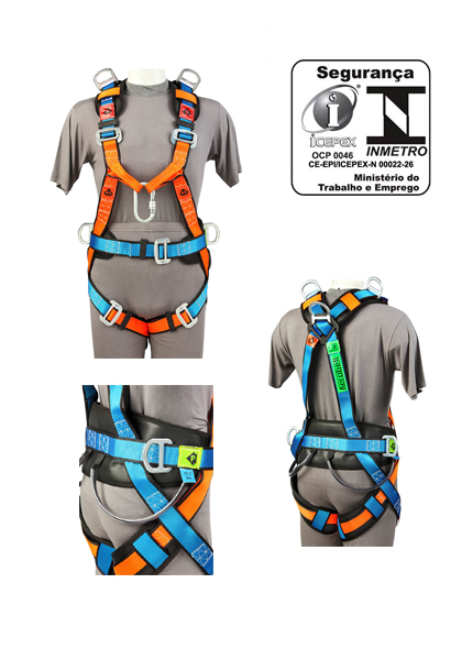 Cinturão de segurança tipo paraquedista com abdominal de 2 pontos simultâneos de engate (A-2) para espaços confinados e 2 pontos de suspensão.
